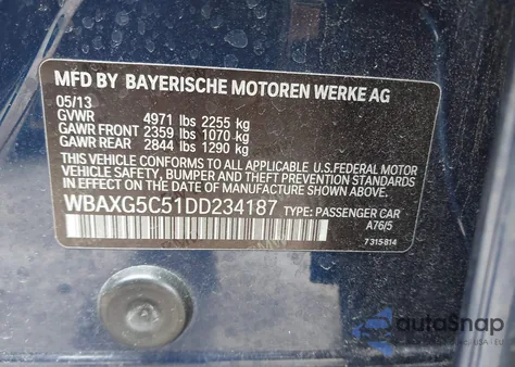 2013 BMW 528I из США, поврежденный, VIN WBAXG5C51DD234187